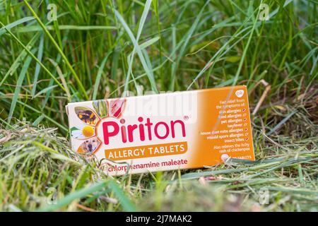 Une boîte de comprimés d'allergie de Piriton dans un cadre extérieur avec de l'herbe Banque D'Images