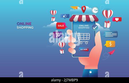 Achats en ligne sur le site Web E-commerce ou applications de téléphonie mobile et marketing numérique. Main tenant votre smartphone pour faire vos achats sur votre téléphone mobile.Vector Illustration de Vecteur
