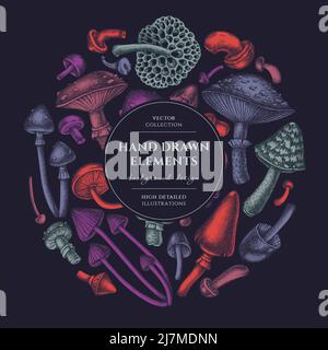 Motif couronne de champignons de la forêt. Champignons dessinés à la main, mouche agarique, bleu, etc Illustration de Vecteur