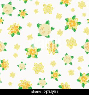 Motif de mariage MR et MRS sans couture avec fleurs jonquilles. Jaune vif mélange blanc de narcisse têtes de fleur de fond. Dessin à la main Illustration de Vecteur