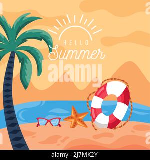 affiche hello summer avec paysage marin Illustration de Vecteur