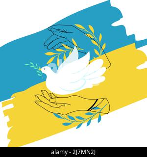 Palmiers humains portant le symbole de paix blanc colombe, drapeau bleu et jaune, illustration vectorielle Illustration de Vecteur