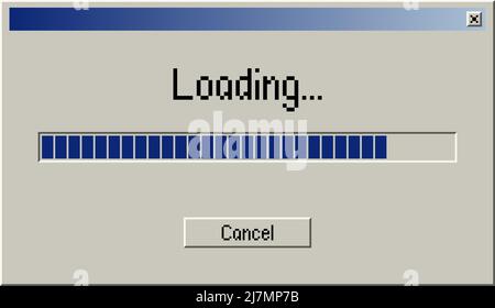 Barre de chargement rétro, fenêtre d'alerte sur le moniteur de l'ordinateur avec illustration du vecteur de message de chargement. Style classique de progression du téléchargement dans l'ancien système utilisateur Inte Illustration de Vecteur