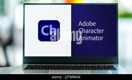 POZNAN, POL - SEP 22, 2021: Ordinateur portable affichant le logo d'Adobe Character Animator, un logiciel d'application de bureau qui est automatiquement Banque D'Images