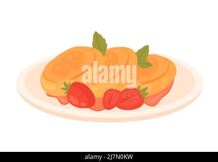 Crêpes avec fraises sur l'assiette du matin. Dessert du matin, illustration isolée du plat de petit déjeuner Illustration de Vecteur