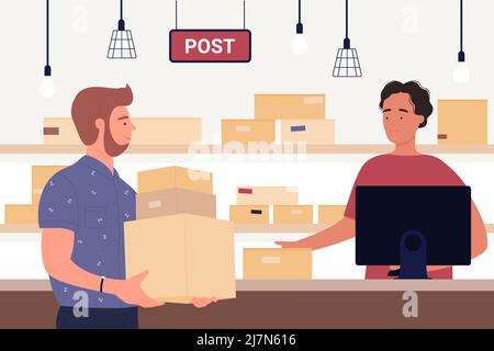 Les gens reçoivent ou envoient des colis à l'illustration vectorielle du bureau de poste. Un client de dessin animé tient des boîtes avec commande dans un magasin en ligne, un employé se tenant à l'arrière-plan du bureau de réception. Concept de service postal Illustration de Vecteur