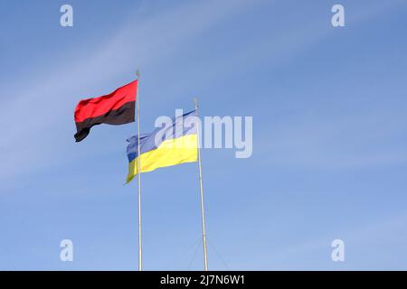 Le drapeau ukrainien sur le ciel bleu s'est affiché en arrière avec le drapeau de l'armée insurgente ukrainienne Banque D'Images