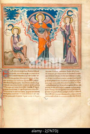 Les cloîtres Apocalypse ca. 1330 - l'Apocalypse, ou Livre de l'Apocalypse, Jean l'évangéliste, giovanni evangelista, pendant son exil sur l'île grecque de Patmos. Dans cette image - l'Ange avec le livre Banque D'Images