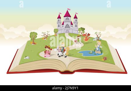 Livre ouvert avec princesses et princes de dessins animés devant un château. Illustration de Vecteur