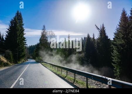 Route dans les montagnes des Carpates ukrainiens. Piste et brouillard réchauffés par le soleil, par évaporation après la pluie. Belle vue sur les sapins et autres arbres. Banque D'Images