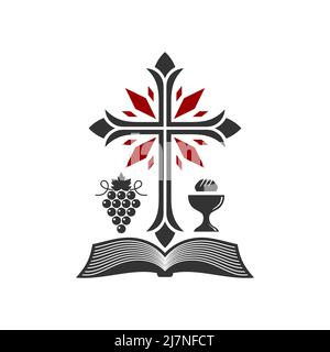 Illustration chrétienne. Logo de l'église. Croix, Bible ouverte, Saint-Grail et vigne. Illustration de Vecteur