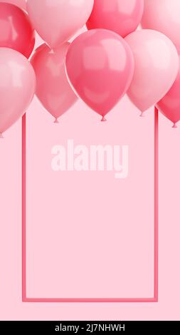 Bannière de félicitations avec ballons et cadre sur fond rose - 3D rend l'histoire des médias sociaux pour les voeux d'anniversaire ou d'anniversaire. Affiche verticale Banque D'Images