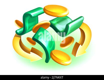 Illustration du vecteur de remboursement 3D. Pièces d'or volantes et billet en dollars. Remboursement de l'achat commercial, paiement par Internet. Économie d'argent, concept de revenu. Remboursement du bonus de la boutique en ligne, retour financier. Illustration de Vecteur