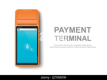 Vector Realistic Orange 3D Touch NFC Mobile Payment machine. Gros plan du terminal POS isolé sur blanc. Modèle de conception de paiement bancaire sans fil Illustration de Vecteur