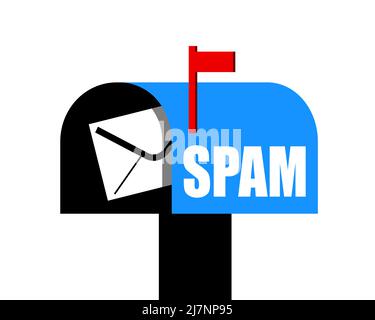 Le spam et les messages électroniques non sollicités, le courrier, les e-mails et les e-mails sont envoyés dans la boîte aux lettres, filtre anti-spam. Illustration vectorielle isolée en noir. Banque D'Images