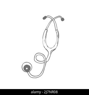 Stéthoscope, équipement médical dessin animé Doodle dessin à la main illustration vectorielle, icône, autocollant. Motif Art de la ligne noire. Isolé sur fond blanc. Facile Illustration de Vecteur