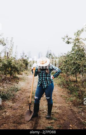 Une agricultrice latine méconnaissable se repose sur le travail et tient une pelle dans les terres agricoles. Occupation de la femme. Banque D'Images