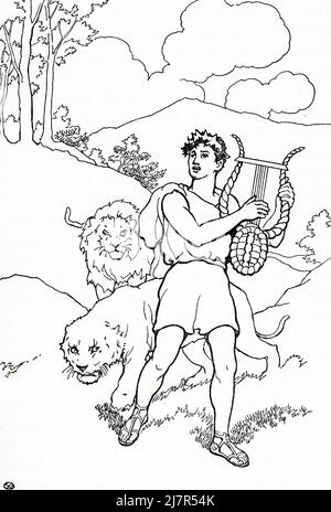 Dans la mythologie grecque, Orpheus était un célèbre barde thrace dont la musique lyre charlait même les animaux les plus sauvages (vus ici) et même les plantes, les arbres et les rochers. Fils de la Muse Calliope, il a épousé la nymphe Eurydice après avoir participé à l'expédition Argonaut. Selon la mythologie grecque, après qu'un serpent l'ait tuée, Orpheus est allé à Hadès (le monde sous-jacent) pour la chercher. Charmés par sa musique, les dieux l'ont libérée, mais à condition qu'il ne la regarde pas jusqu'à ce qu'il atteigne le monde supérieur. Alors qu'il avait naissant le monde supérieur, il regarda en arrière et, par conséquent, elle a disparu de sa prise en arrière à l'Underwo Banque D'Images