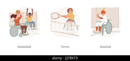 Ensemble d'illustrations vectorielles de dessin animé isolées Sports for Disabled Kids. Enfant en fauteuil roulant jouant au basket-ball, tennis pour personnes handicapées, équipement spécial de base-ball, dessin animé vecteur d'activité physique. Illustration de Vecteur