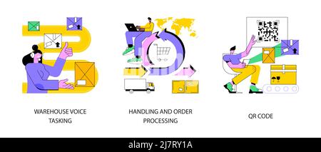 Kit d'illustrations vectorielles concept abstrait de la technologie moderne d'entrepôt. Traitement des commandes, traitement et traitement des commandes vocales d'entrepôt, code QR, opérations automatisées, métaphore abstraite de la documentation des commandes. Illustration de Vecteur
