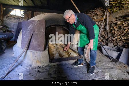 Rosengarten, Allemagne. 21st avril 2022. Joseph da Silva, tire un plateau de petits pains du four dans un bakehouse historique au Musée en plein air Am Kiekeberg. Le poêle était le centre de la vie familiale, surtout dans les temps précédents - comme source de chauffage et plus tard comme objet d'utilité et de prestige. Dans le musée en plein air du Kiekeberg, une exposition montre le développement de la cuisine. (À dpa: 'Kiekeberg Museum montre 150 ans d'histoire de la cuisine') Credit: Philipp Schulze/dpa/Alamy Live News Banque D'Images