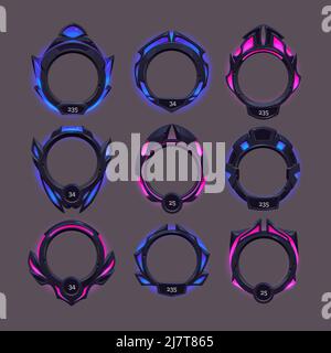 Cadres futuristes de bordure en métal noir pour avatar dans l'interface de jeu avec niveau ou grade. Ensemble de dessins animés vectoriels d'éléments graphiques de style science-fiction, cadres vides avec éclat bleu et rose Illustration de Vecteur