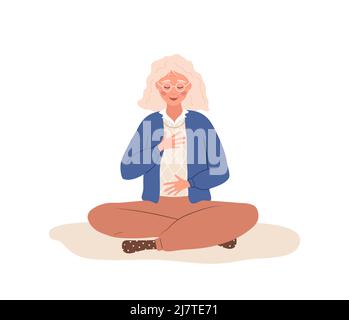 Respiration abdominale. Femme âgée pratiquant la respiration du ventre pour la détente. Exercice de yoga de sensibilisation à la respiration. Méditation pour le corps, l'esprit et les émotions Illustration de Vecteur