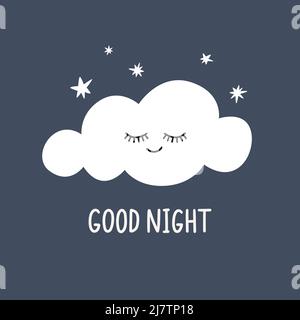 Un joli nuage de nuit, des étoiles. Imprimé drôle, autocollant, carte Bonne nuit. Illustration de Vecteur