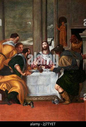 Cena in Emmaus - olio su tela - pittore bresciano del XVII secolo - Monterotondo (BS) ,Italia,chiesa parrocchiale di San Vigilio Banque D'Images