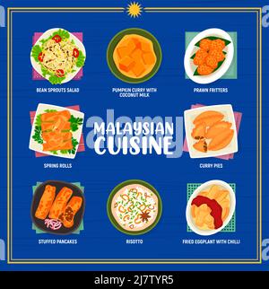 Menu de cuisine malaisienne, plats et repas de restaurant asiatique, Vector. Cuisine malaisienne avec rouleaux de printemps, tartes au curry et riz risotto, crêpes farcies et salade de pousses de haricots pour le menu du déjeuner Illustration de Vecteur