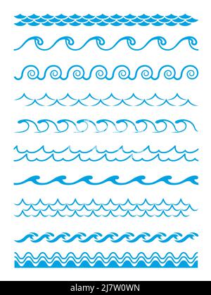 Motifs d'onde, bordures de trame et séparateurs de lignes ondulées, ensemble de vecteurs. Ondulations bleues des vagues d'eau, courbes zigzag, boucles de marée de la mer ou vagues d'océan pour la bordure du cadre Illustration de Vecteur