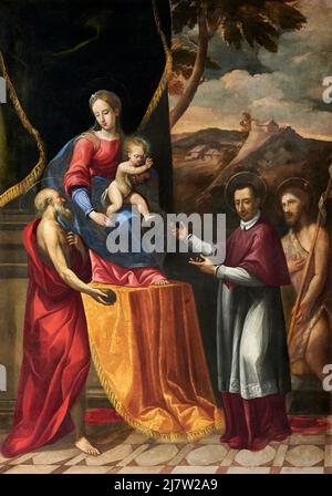 San Giuseppe col Bambino con S. Girolamo, S. Carlo Borromeo e S. Giovanni Battista - olio su tela - pittore bergamasco della prima metà del XVII sec Banque D'Images