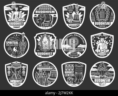 Bouddhisme symboles religieux, signes bouddhistes de méditation et zen, symboles vectoriels. Les sanctuaires et les temples du bouddhisme, les signes Yin Yang, la swastika, la roue du lotus et du Dharma, la pratique bouddhiste et la guérison spirituelle Illustration de Vecteur