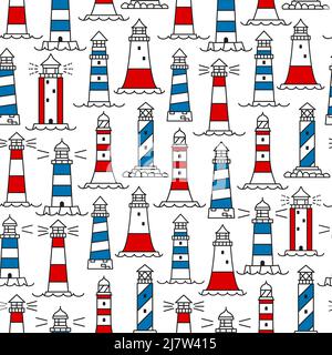 Phare et balise Schéma sans couture, arrière-plan nautique avec bâtiments vectoriels de phares de mer ou d'océan. Tours de plage marine avec bandes bleues, rouges et blanches, vagues et rochers de bord de mer en toile de fond Illustration de Vecteur