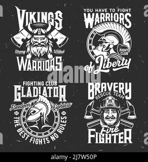 Imprimés de t-shirts avec viking, gladiateur, chasseur de feu et ancien guerrier, mascottes vectorielles pour la conception de vêtements. Étiquettes isolées avec typographie. Imprimés t-shirts monochromes, emblème pour le club ou l'équipe pour hommes Illustration de Vecteur