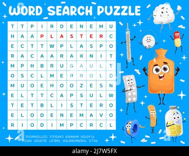 Dessin animé bouteille d'eau chaude, pilules et comprimés caractères mot recherche puzzle jeu feuille de travail vectorielle. Grille de quiz pour enfants avec des médicaments mignons, un thermomètre heureux, du plâtre, une capsule et des personnages de laine de coton Illustration de Vecteur