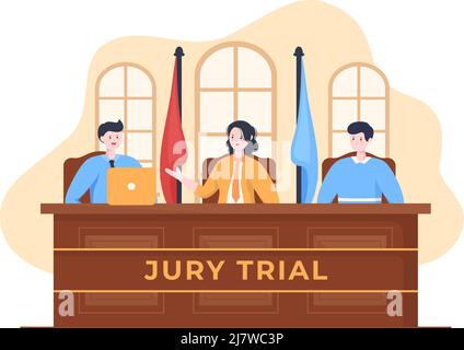 Salle du tribunal avec avocat, procès du jury, témoin ou juges et le marteau du juge en bois en dessin de dessin de dessin de dessin de dessin de dessin de dessin plat Illustration de Vecteur