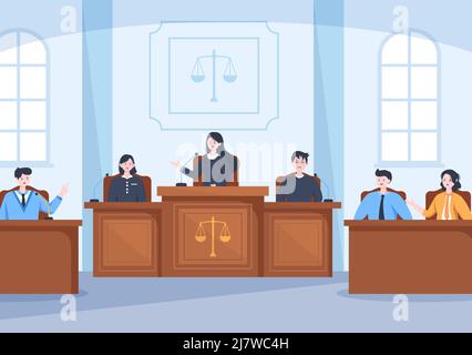 Salle du tribunal avec avocat, procès du jury, témoin ou juges et le marteau du juge en bois en dessin de dessin de dessin de dessin de dessin de dessin de dessin plat Illustration de Vecteur