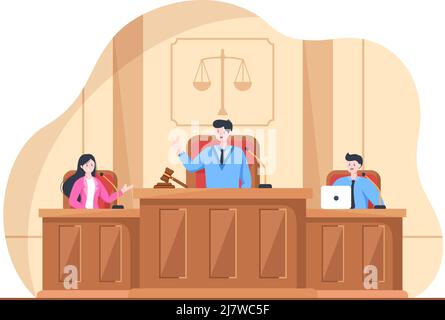 Salle du tribunal avec avocat, procès du jury, témoin ou juges et le marteau du juge en bois en dessin de dessin de dessin de dessin de dessin de dessin de dessin plat Illustration de Vecteur