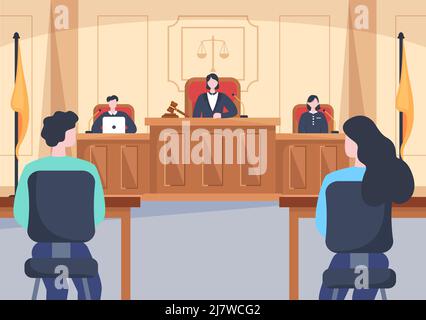 Salle du tribunal avec avocat, procès du jury, témoin ou juges et le marteau du juge en bois en dessin de dessin de dessin de dessin de dessin de dessin de dessin plat Illustration de Vecteur