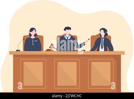 Salle du tribunal avec avocat, procès du jury, témoin ou juges et le marteau du juge en bois en dessin de dessin de dessin de dessin de dessin de dessin de dessin plat Illustration de Vecteur