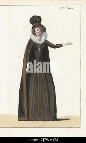 Catherine de Médicis, reine de France, épouse du roi Henri II Chapeau de velours ou de satin, chaîne d'or, col de gaze, cape de velours noir, robe de velours noir avec tresse d'or. Gravure en copperplate de couleur main de Jean-Antoine le Brun ou du Journal de la mode et du gout de Lebrun-Tossa, anciennement Cabinet des modes, chez Buisson, Paris, et Joseph le Boffe, Londres, 5ME Cahier, 5 avril 1790. Banque D'Images