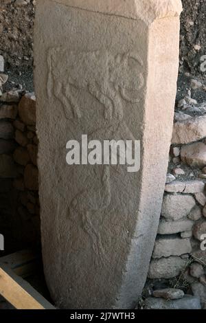 Un pilier en pierre à Gobekli Tepe près de Sanliurfa en Turquie présentant les figures sculptées d'un aurochs, d'un renard et d'une grue. Banque D'Images