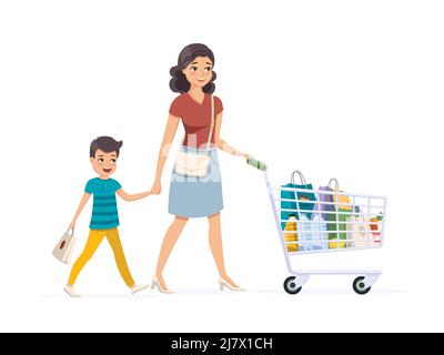 Mère et son fils font leurs courses avec un chariot d'épicerie complet. Illustration vectorielle Illustration de Vecteur