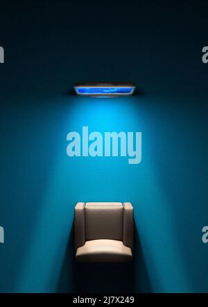 Fauteuil vide devant un écran de télévision. Vue de dessus. Lumière bleue, pièce sombre. Coffret de lunettes. Manquant. Home Cinema. Soirée cinéma Banque D'Images