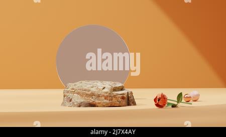 Podium en pierre de qualité avec rose, feuilles, perles et pierres naturelles. Maquette pour les expositions, présentation de produits de beauté, thérapie, détente et Banque D'Images