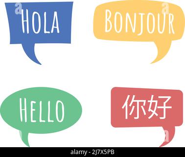 Dire bonjour dans différentes langues semi-plat couleur vecteur bulle de parole jeu Illustration de Vecteur