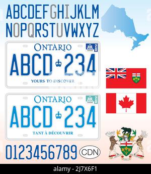 Plaque d'immatriculation de voiture de l'Ontario, Canada, lettres, chiffres et symboles, illustration vectorielle Illustration de Vecteur