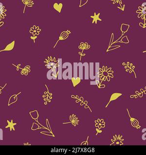 Motif vectoriel sans couture avec petites fleurs sur fond violet. Papier peint jaune vif à motif fleuri. Textile de mode artistique simple. Illustration de Vecteur