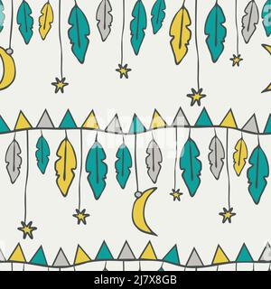 Motif vectoriel sans couture avec plumes et étoiles sur fond blanc. Papier peint de pépinière simple pour les enfants. Textile de mode tribal. Illustration de Vecteur